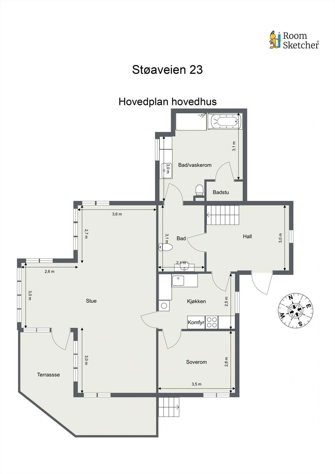Hovedplanet har en familievennlig planløsning med stue, kjøkken, ett soverom, to bad og utgang til terrasse. Galleribilde