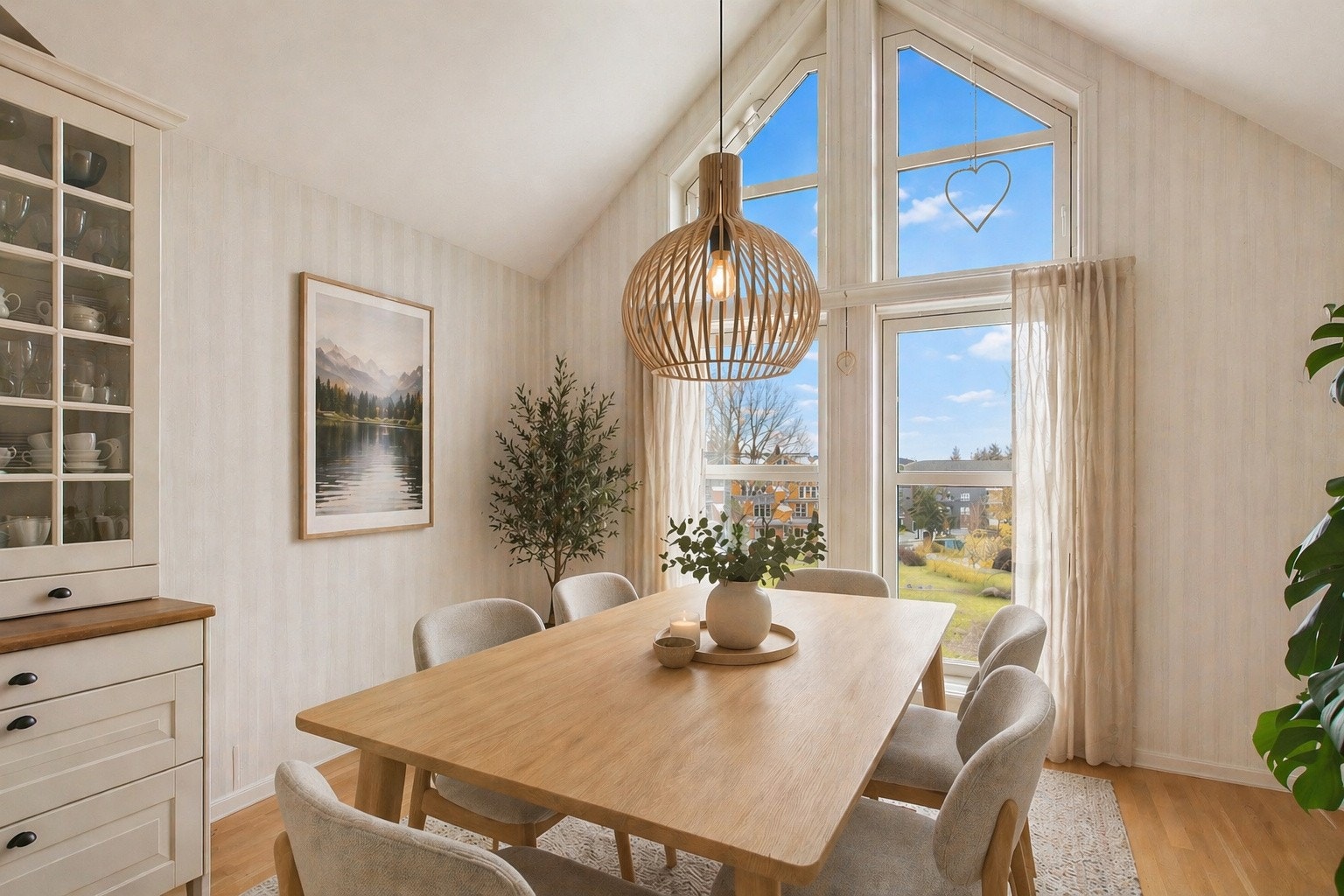 Spiseplassen byr på en hyggelig utsikt som gir en ekstra kvalitet til rommet. NB! Bilder er AI generert og avvik kan forekomme. Galleribilde