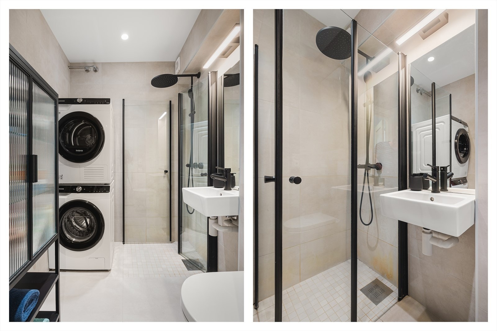 Lekkert, helfliset baderom med behagelig gulvvarme. Badet fremstår moderne og innbydende, og har i tillegg opplegg for vaskemaskin. Galleribilde
