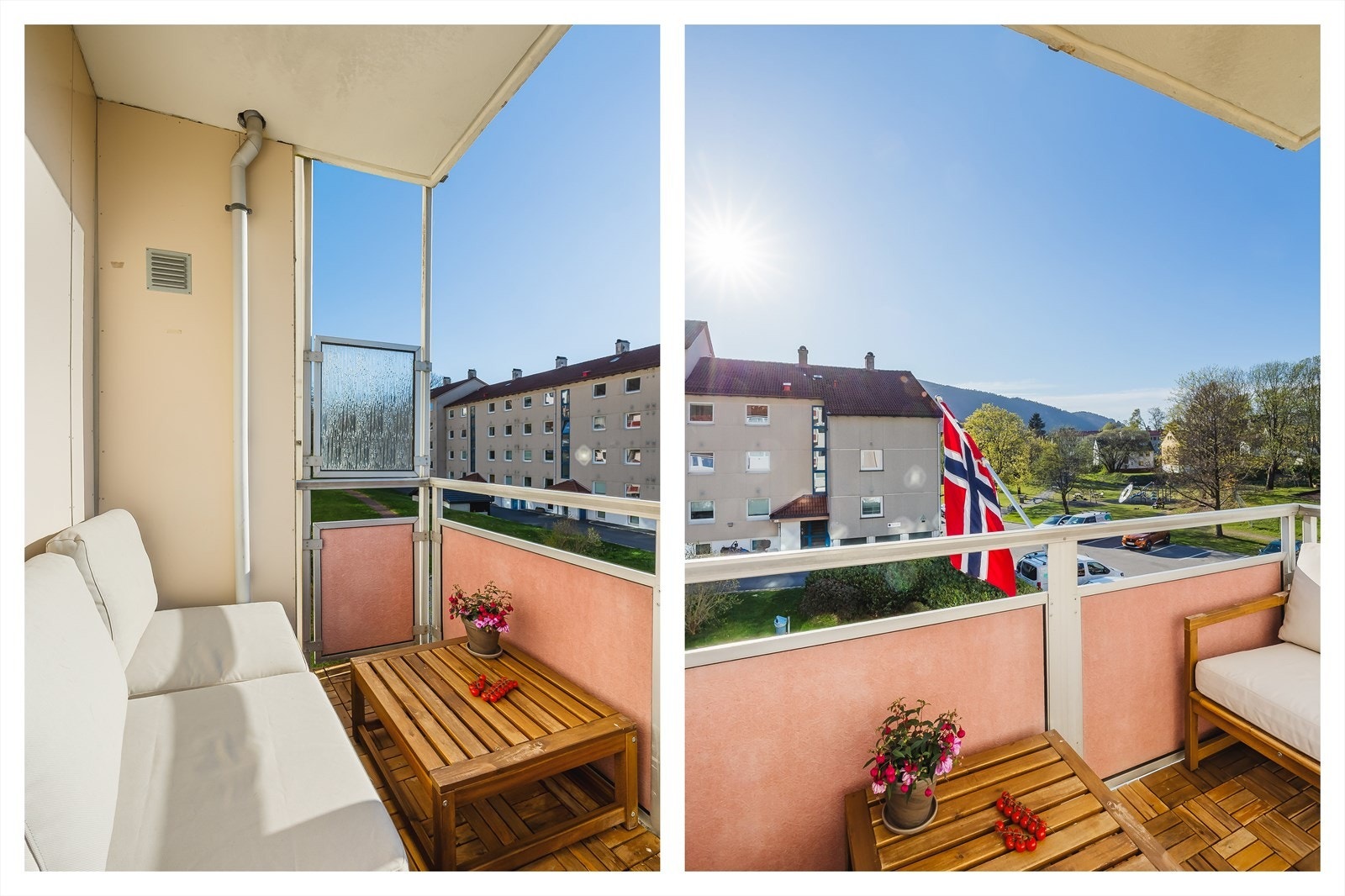 Vestvendt og overbygget altan på ca. 4m² med gode solforhold. Her kan man nyte ettermiddag- og kveldssolen i lune og skjermede omgivelser. Galleribilde