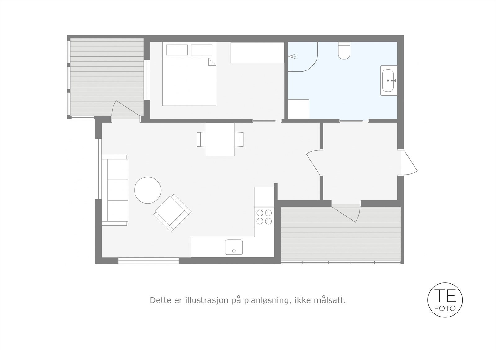 Plantegning. Entré 4,4 m². Stue/kjøkken 21,7 m². Soverom 8,5 m². Bad/vaskerom 4,7 m². Innglasset balkong 5 m². Balkong 5 m². Galleribilde