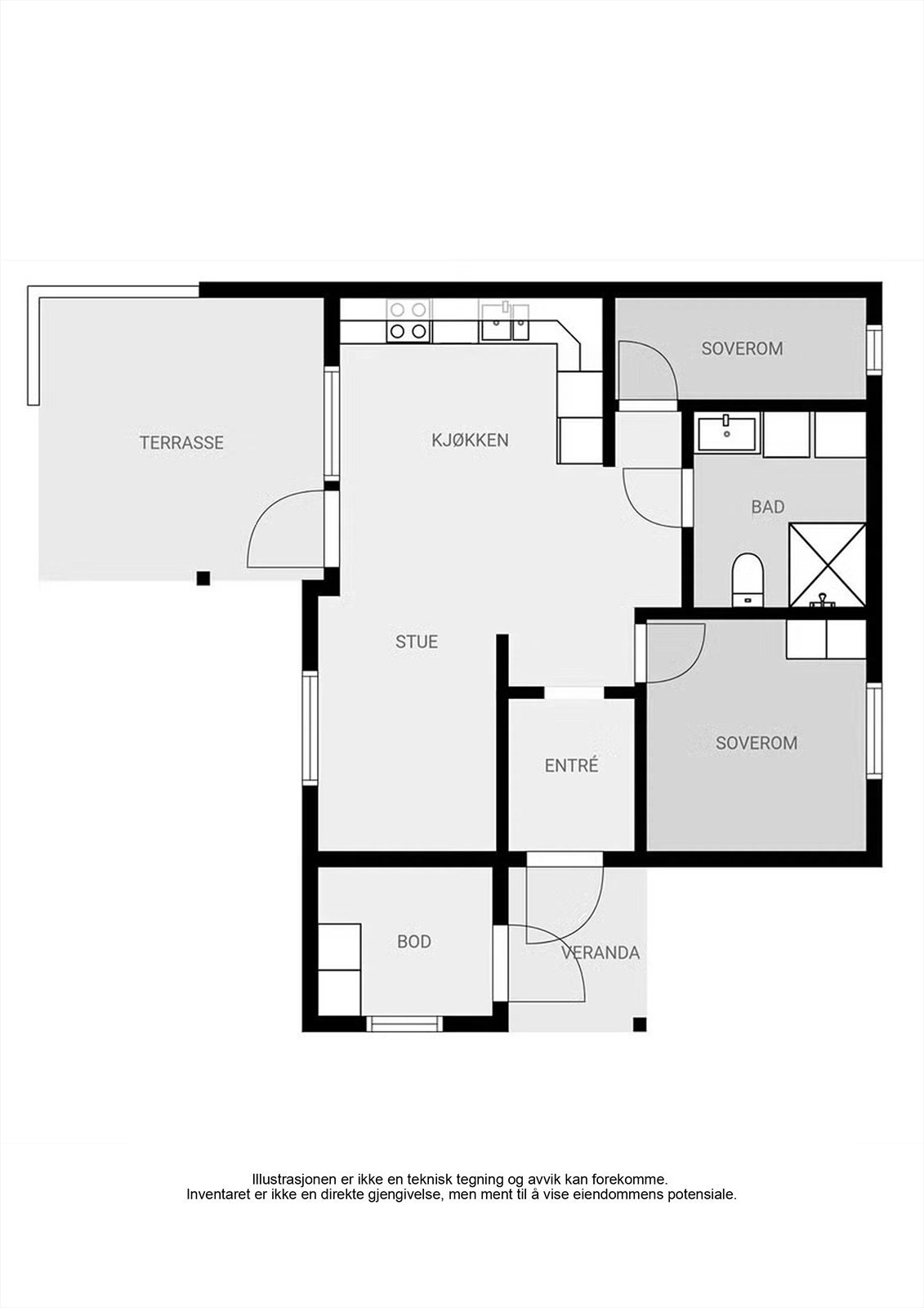 En arealeffektiv planløsning fordelt på ett plan, med to soverom og en sosial sone med utgang til terrasse. Galleribilde