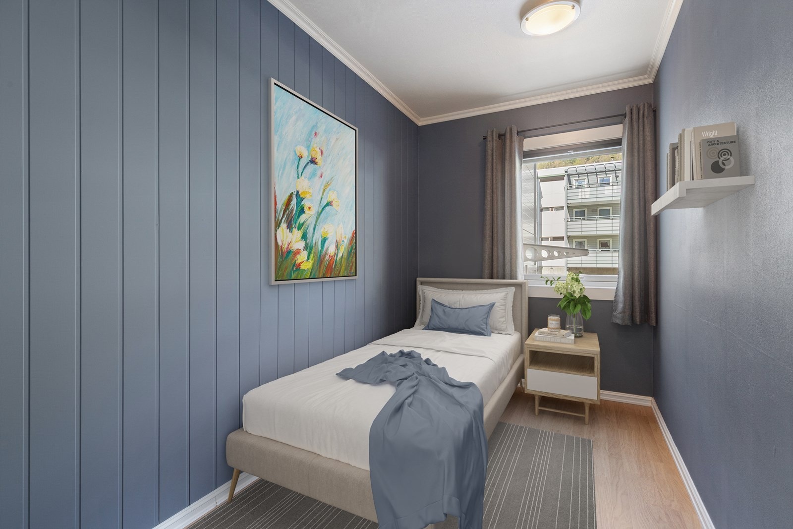 Soverom nr 2 gir plass til mindre seng og nattbord. (Bilde generert av AI) Galleribilde