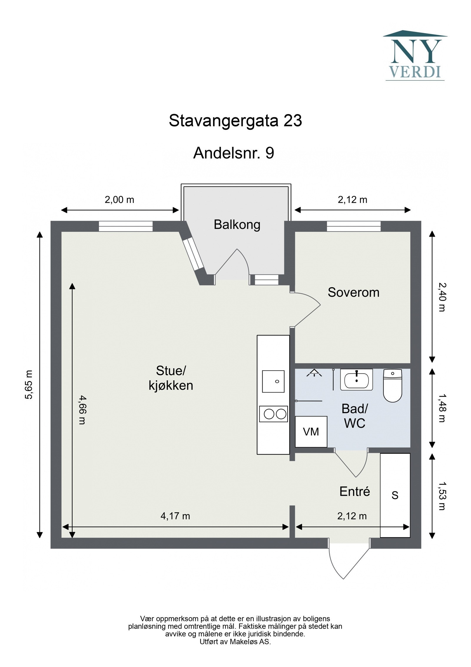 Plantegning 2. etasje. I tillegg disponerer leiligheten en kjellerbod på ca. 1,3m². Heis i bygget. Galleribilde