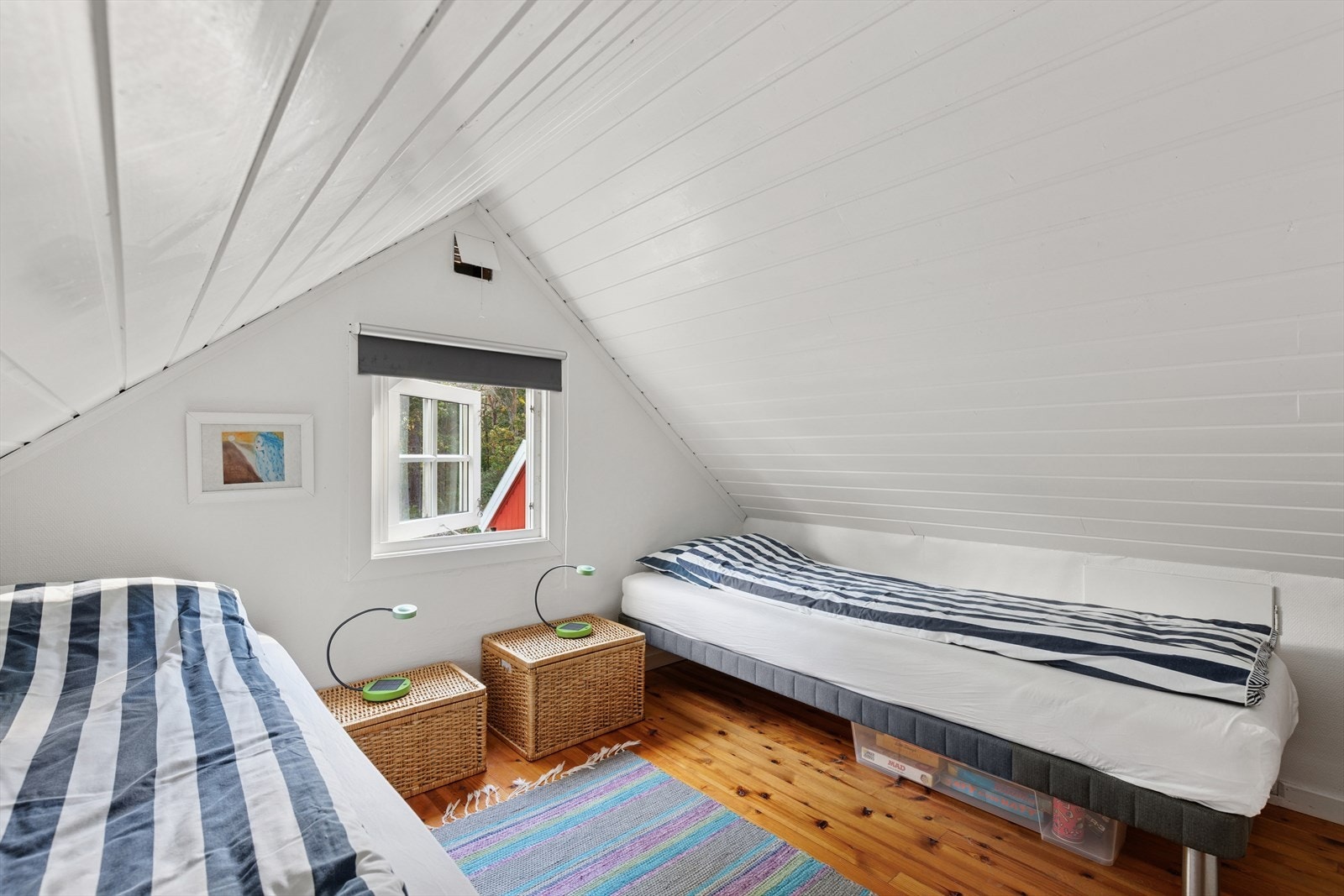 Loftet har to adskilte rom, begge innredet med sengeplasser for gjester eller familie. Galleribilde