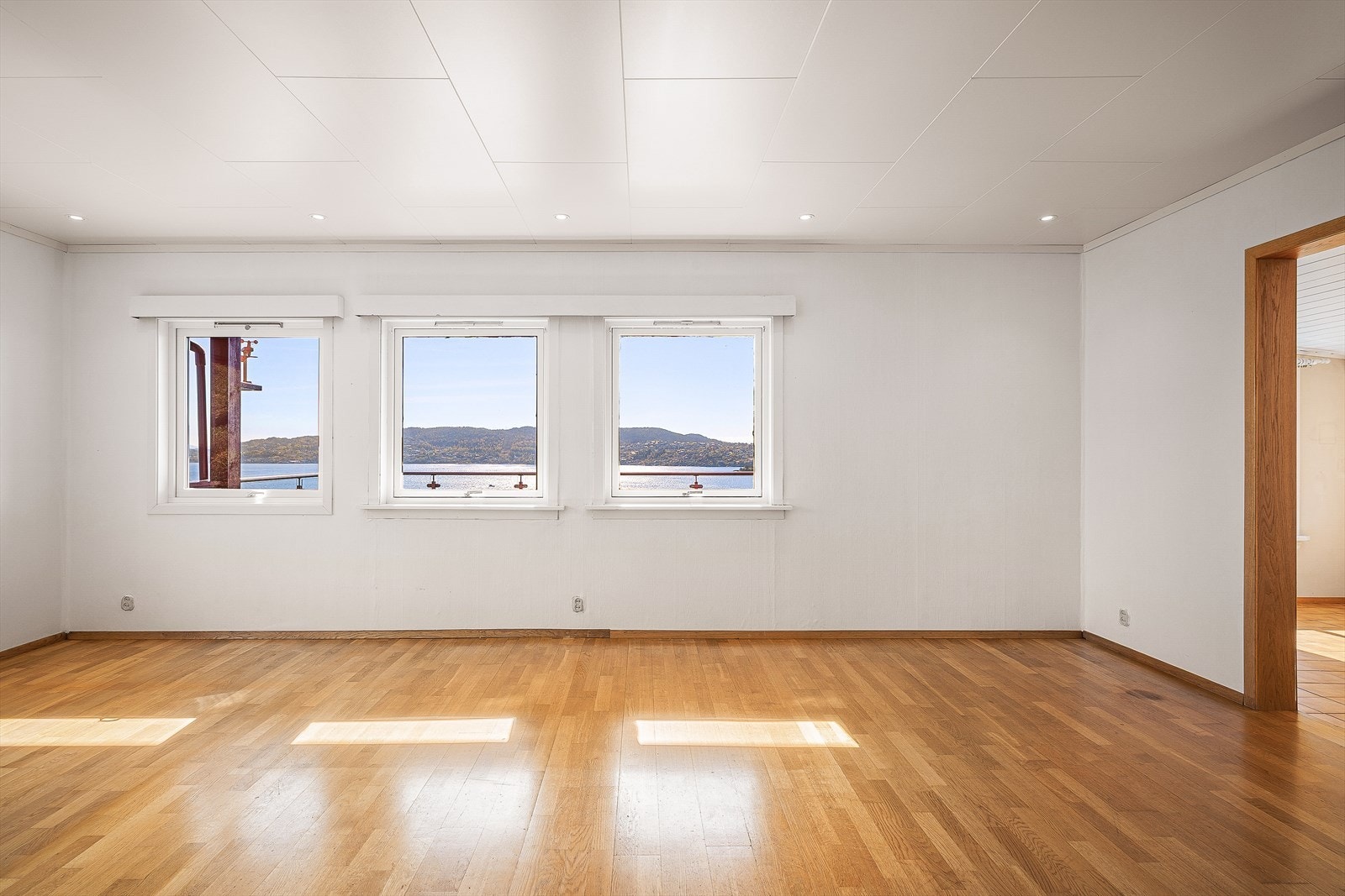 Himlingen i stuen har malte plater og downlights. Galleribilde