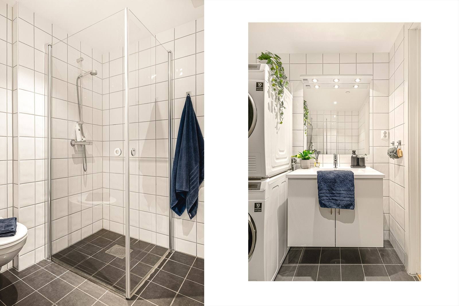 Badet har dusjhjørne med foldedører, baderomsinnredning med heldekkende servant og speil med belysning. Galleribilde