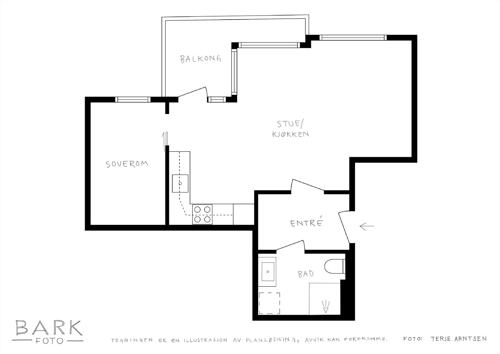 Meget funksjonell planløsning. Leiligheten har også to eksterne boder (2,8 og 4,8 m²) i byggets 2. etasje. Galleribilde
