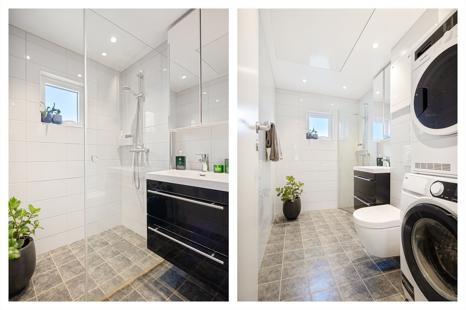 Badet er innredet med vegghengt toalett, dusj, servant med møblement, speil og belysning. Her er det også opplegg for vaskemaskin og tørketrommel. Galleribilde
