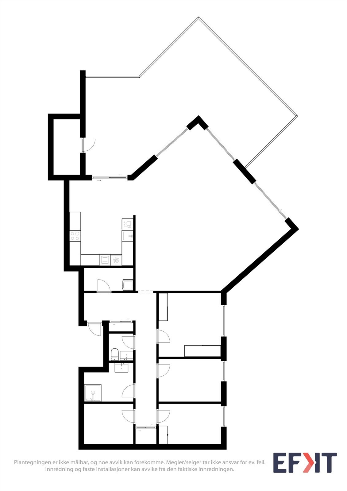 Leiligheten har en arealeffektiv planløsning på 128 m² som inkluderer entré, gang, stue, kjøkken med utgang til terrasse og utvendig bod, tre soverom, bad, wc rom, vaskerom og lagringsrom. Galleribilde
