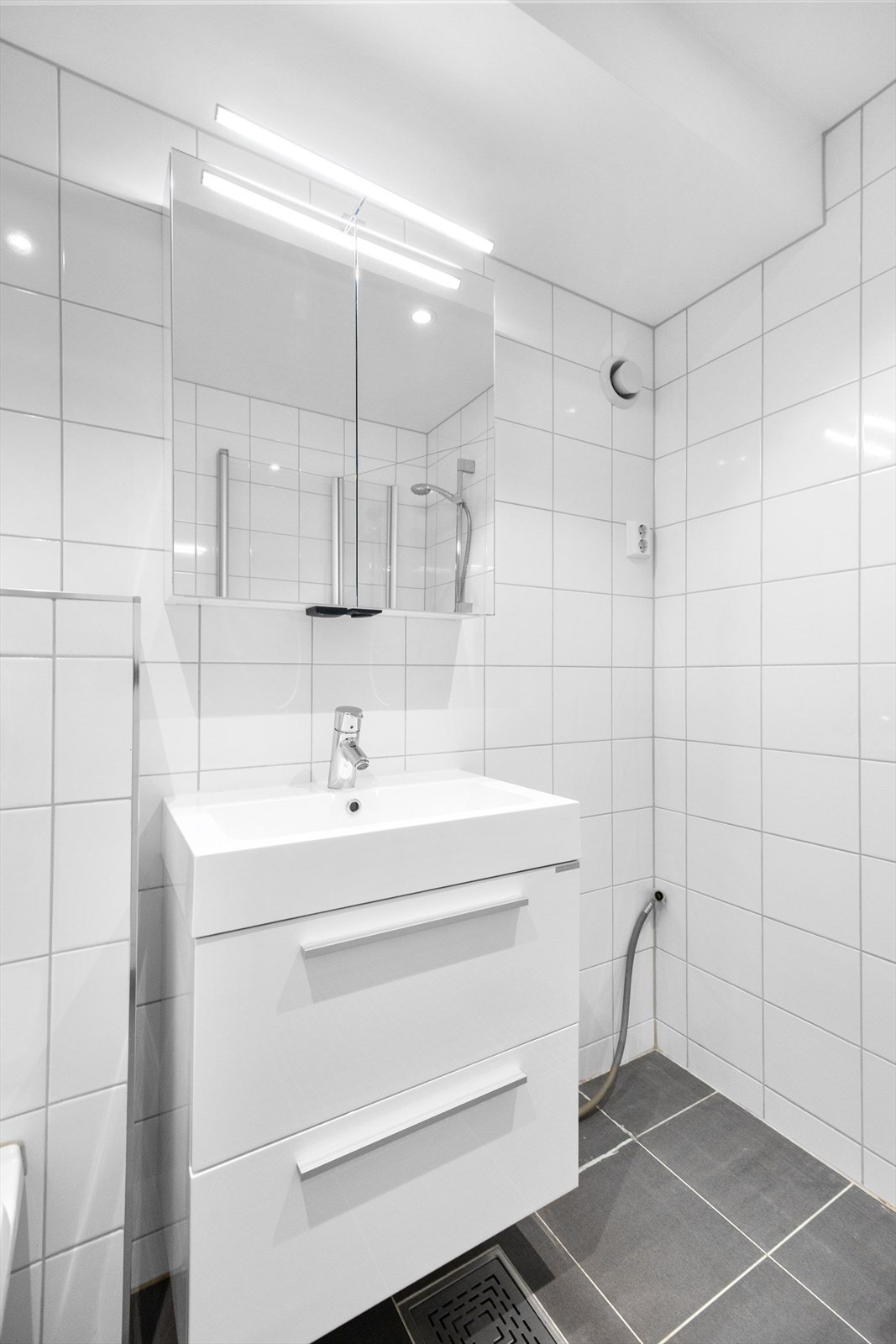Innredningen består av servant med underskap, speilskap med belysning, veggmontert toalett og dusjhjørne med innfellbare glassvegger. Det er også opplegg for vaskemaskin. Galleribilde