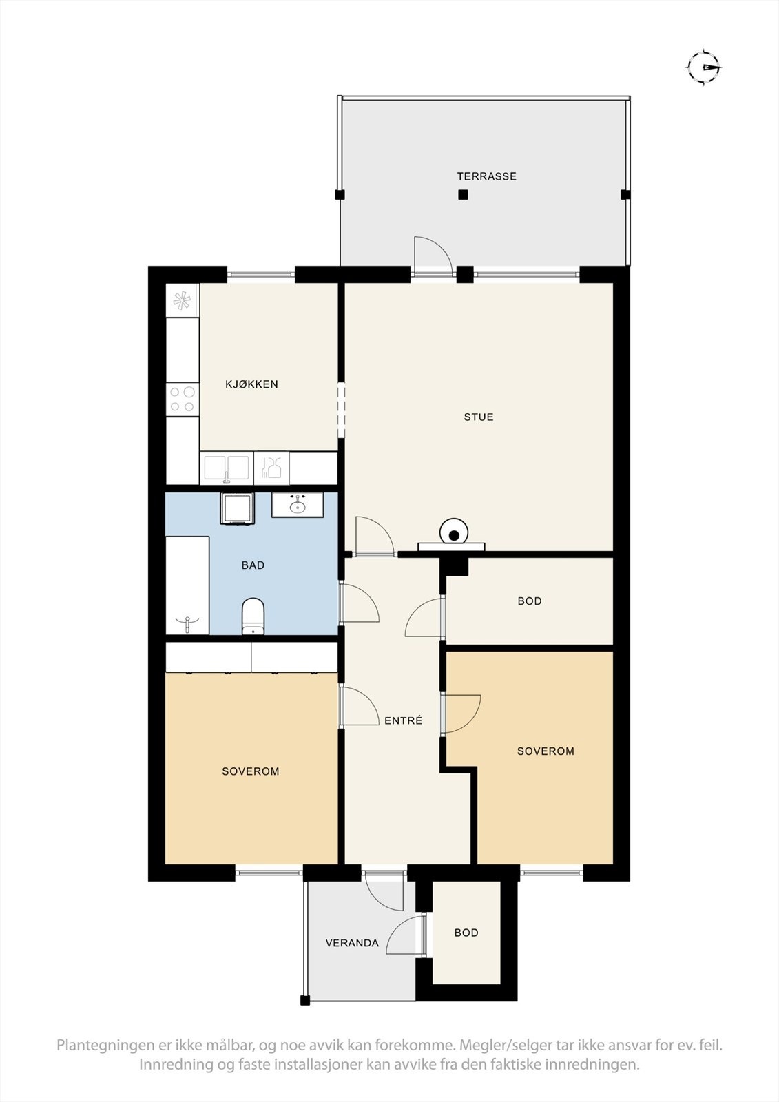 Leiligheten har en arealeffektiv planløsning med alle rom på ett plan, inkludert to soverom og en praktisk innvendig bod. Galleribilde