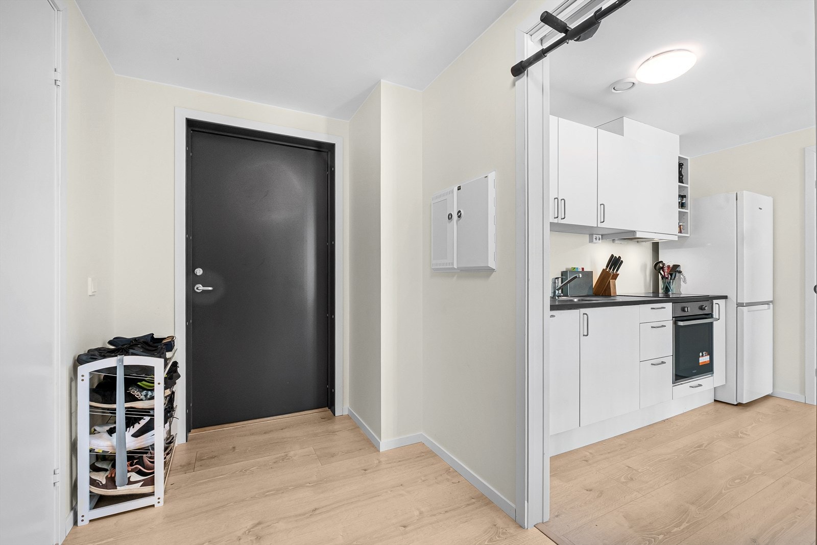 Her er det gode muligheter for å etablere funksjonelle oppbevaringsløsninger med plass til oppheng på vegg, skohylle og kommode for yttertøy og sko. Galleribilde