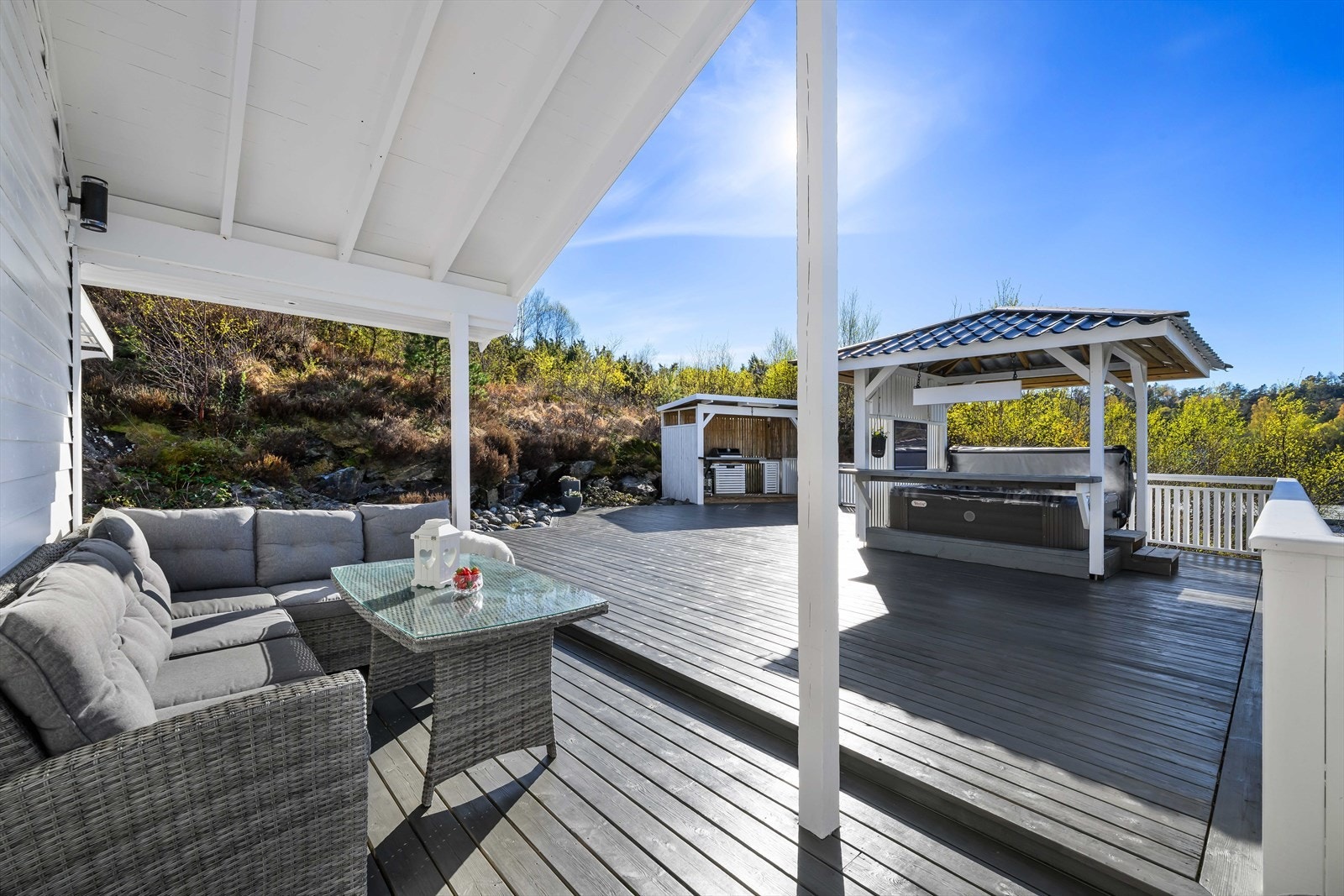 Den store altanen har flere soner, inkludert en overbygget del med plass til en romslig sofagruppe. Galleribilde