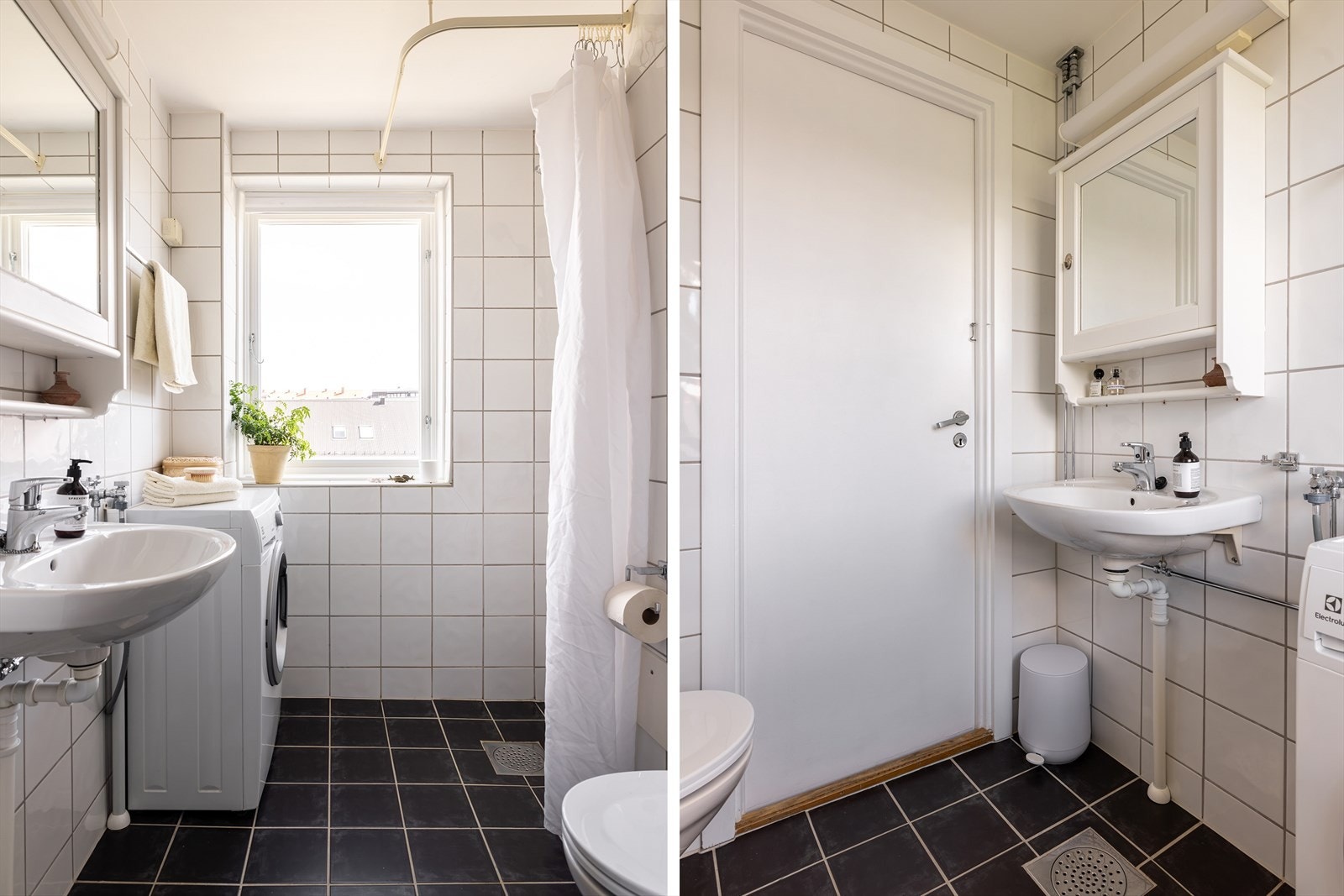 Badet er utstyrt med varmekabler i gulv, vegghengt servant med speilskap og belysning, toalett samt dusjhjørne med dusjforheng. Vindu i enden av rommet sørger for vakkert lysinnfall, gode luftemuligheter samtidig som det er begrenset innsyn. Galleribilde