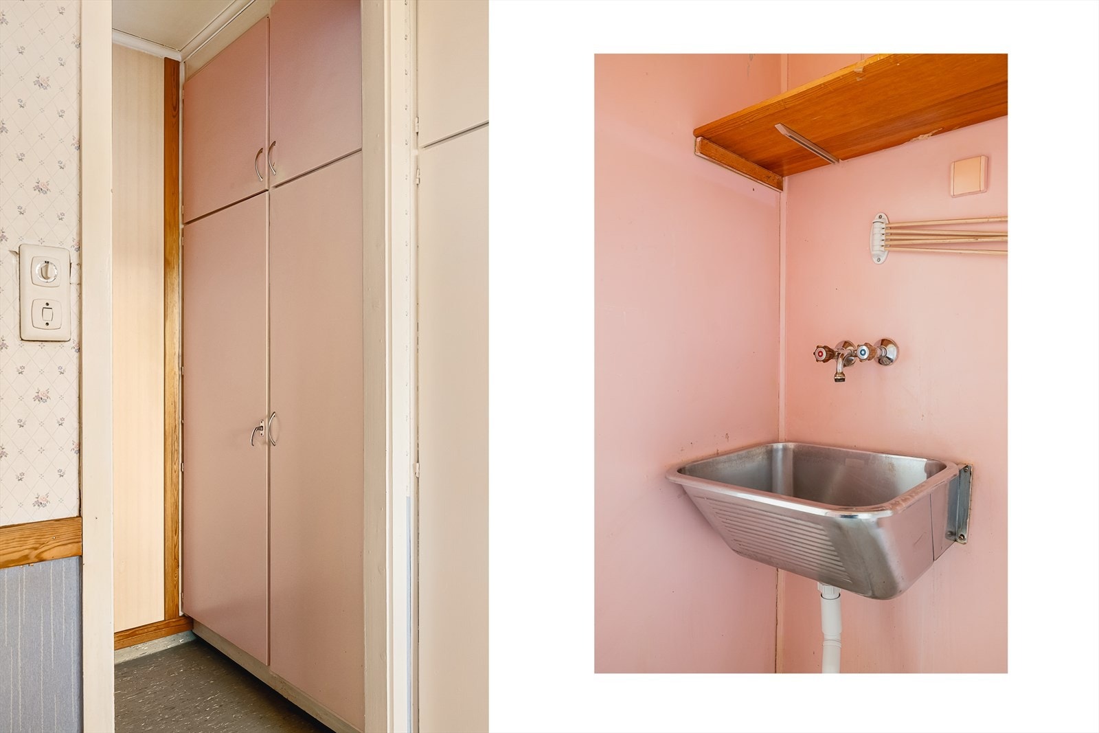 Vaskerommet er fra byggeår med våtromsbelegg og eldre overflater. Inneholder utslagsvask, opplegg for vaskemaskin og innebygd skap/tørkeskap. Galleribilde