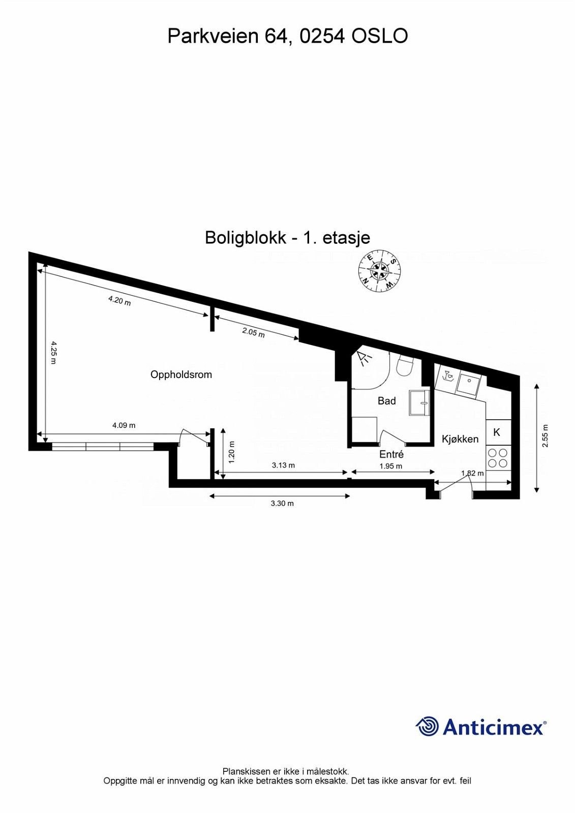 Plantegning. NB: DET ER SEPARAT SOVEROM. Det er satt opp lettvegg med dør helt til venstre i bildet. Galleribilde