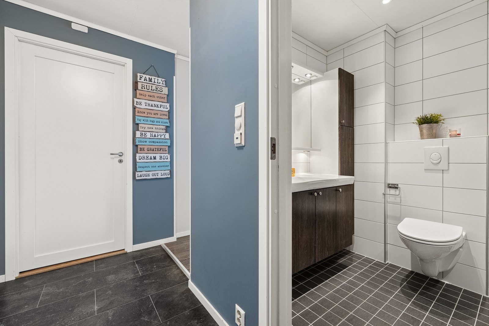 Fra entréen er det adkomst til badet og leilighetens øvrige rom. Galleribilde