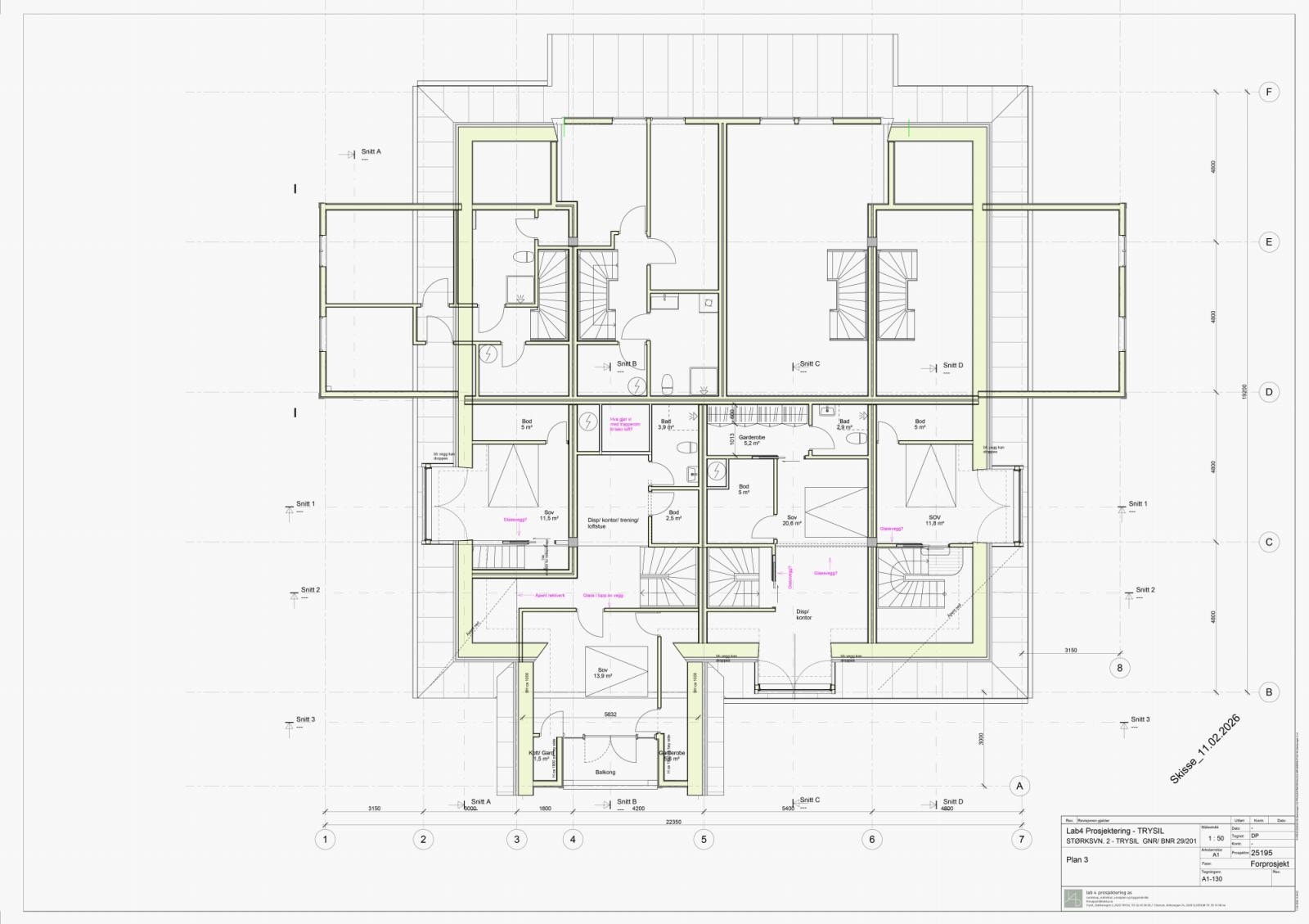 Plantegning for 3 etg i bygget. Leilighetene går over to plan unntatt leilghet mor sør som går over tre plan Galleribilde