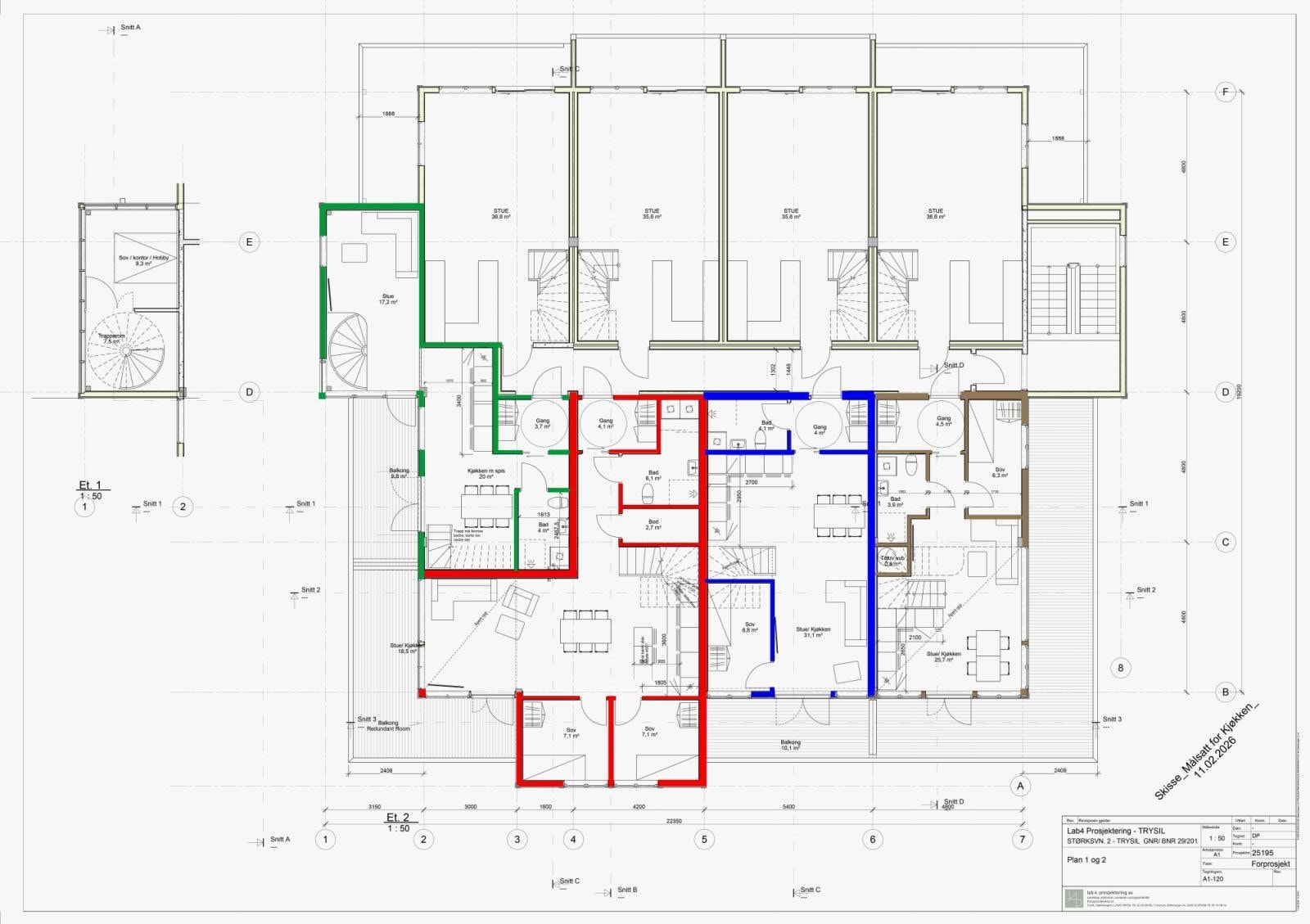 Plantegning for 2 etg i bygget. Merk at leilighet mot sør også har et areal i 1. etg i bygget Galleribilde