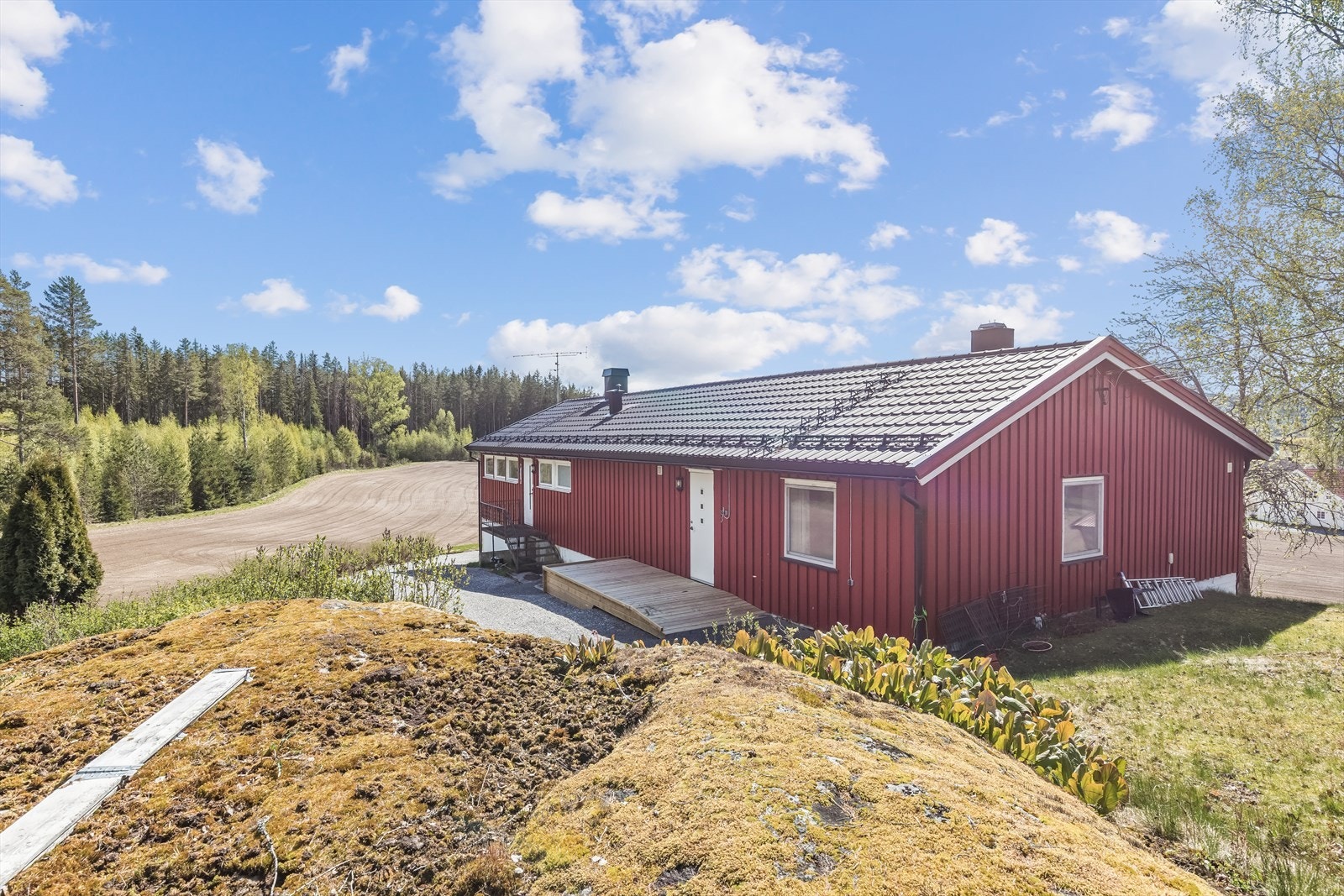 Tomten er opparbeidet med plenarealer og gruset innkjørsel. Galleribilde
