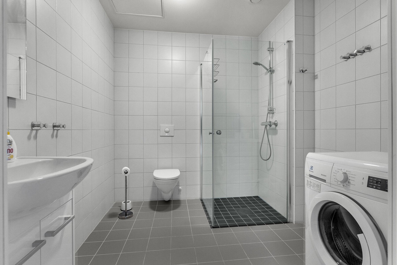 Gjesteleiligheten har et romslig bad med vaskemaskin. Galleribilde