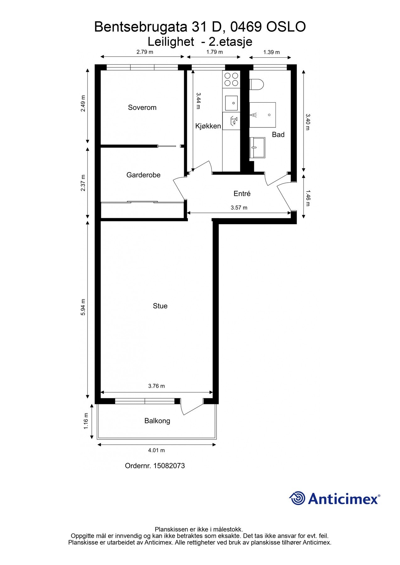 Plantegning. I tillegg disponerer leiligheten 2 boder, en kjellerbod på ca. 1m² og en loftsbod med gulvareal på ca. 7m². Galleribilde