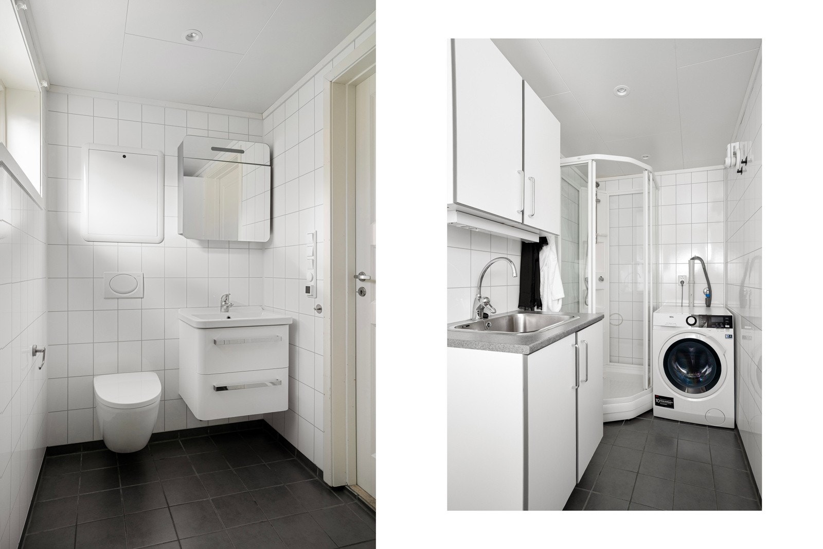 Bad/wc/vaskerom fra ca. 2011 med vegghengt wc, innredning med speilskap, dusj og opplegg for vaskemaskin. Galleribilde