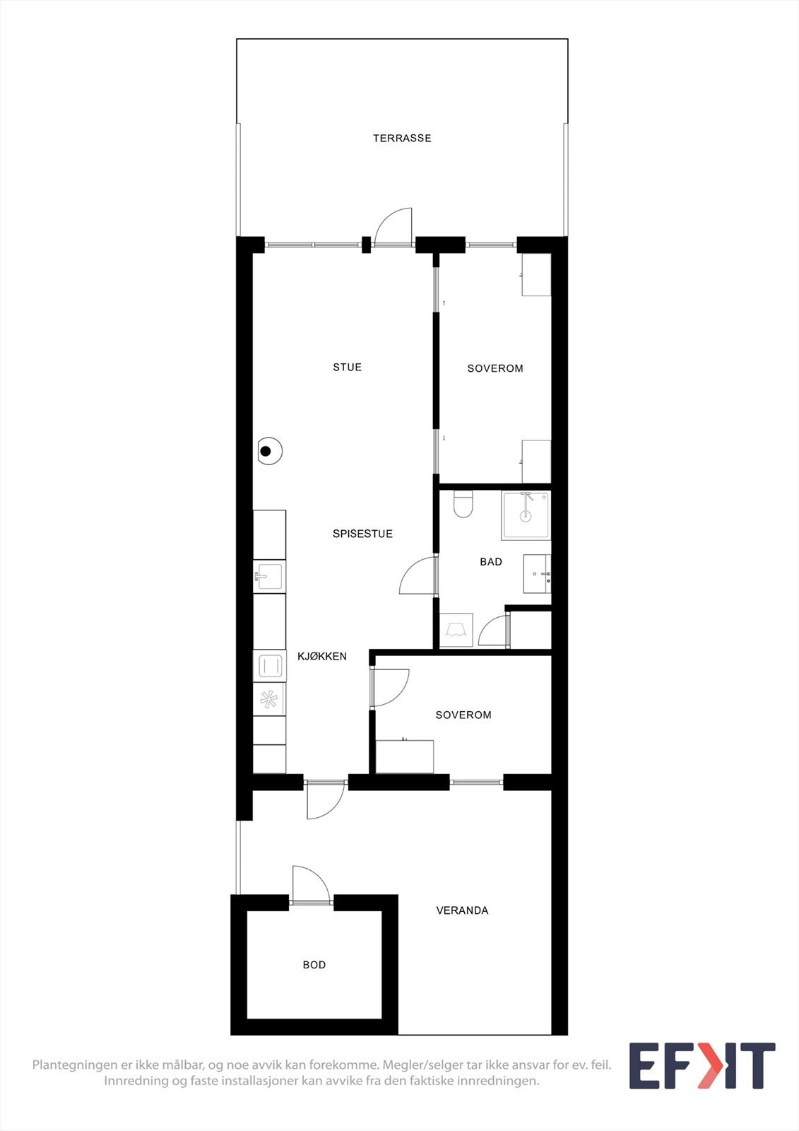 Planløsningen er arealeffektiv og moderne, med en sosial sone som kombinerer stue og kjøkken, to soverom og et praktisk bad. Galleribilde