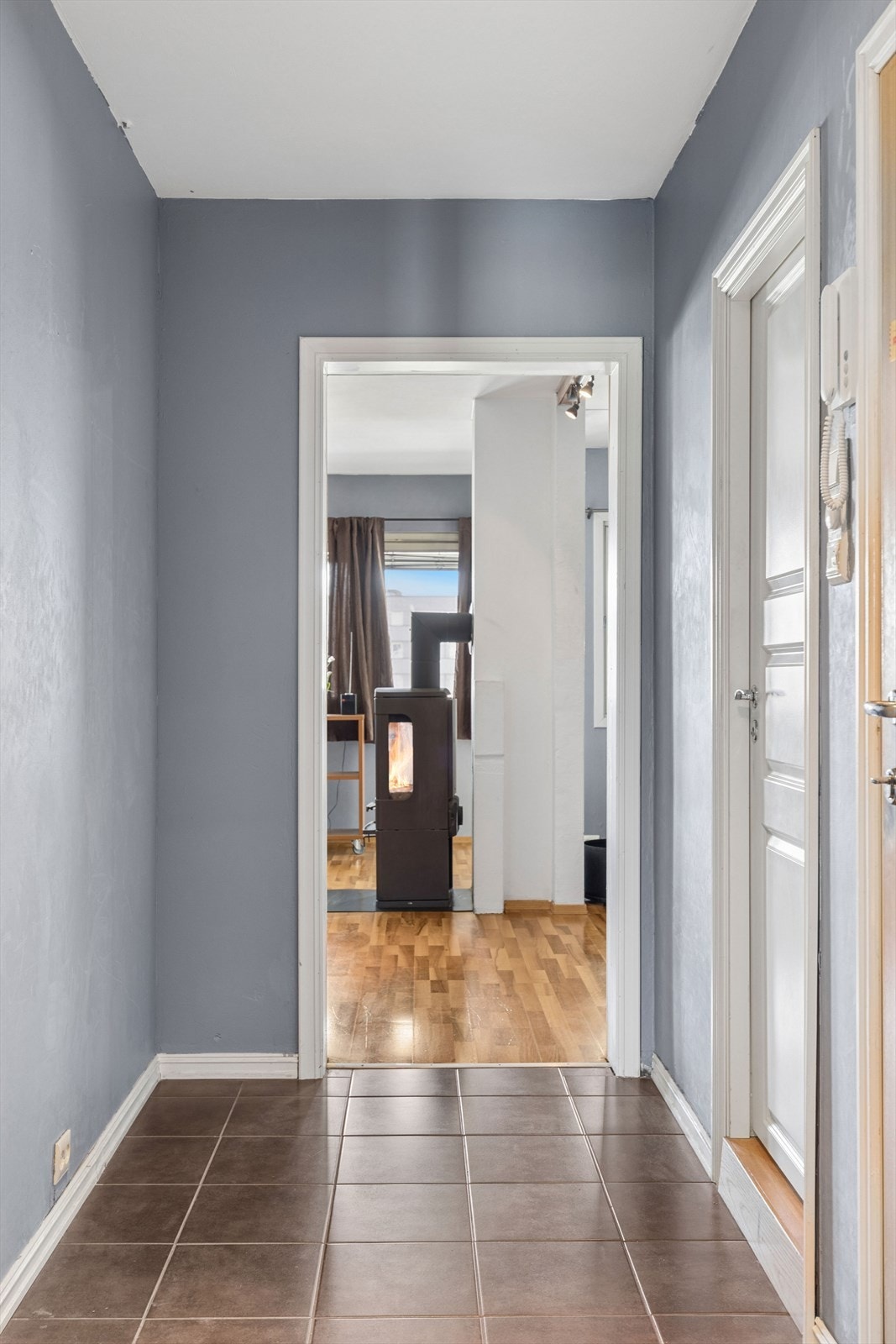 Entré med flislagt gulv og adkomst til bad og stue. Galleribilde