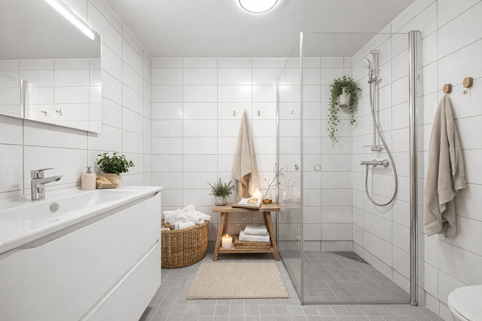 Flislagt og moderne baderom, her vist med digital møblering. Badet er helt nytt og har god skapplass under servant, i tillegg til stort speil og dusj. Galleribilde