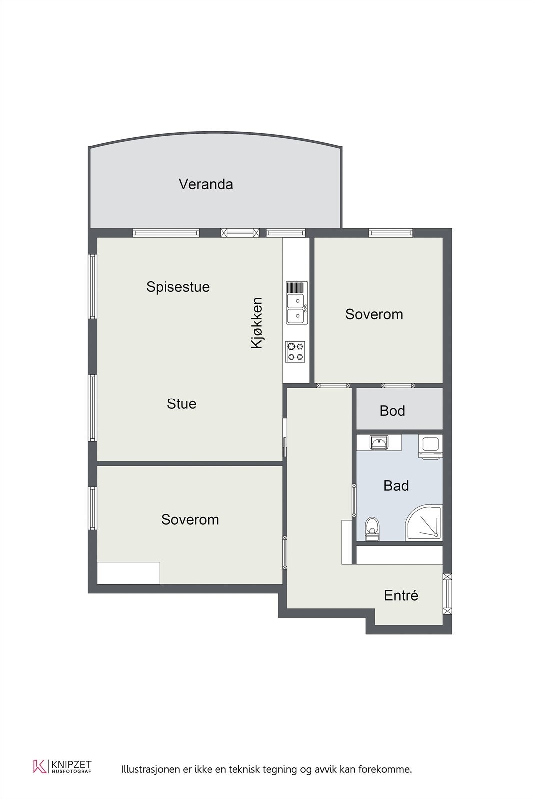 Boligen har en effektiv planløsning på 72 m² med to soverom, åpen stue- og kjøkkenløsning og direkte utgang til terrassen. Galleribilde