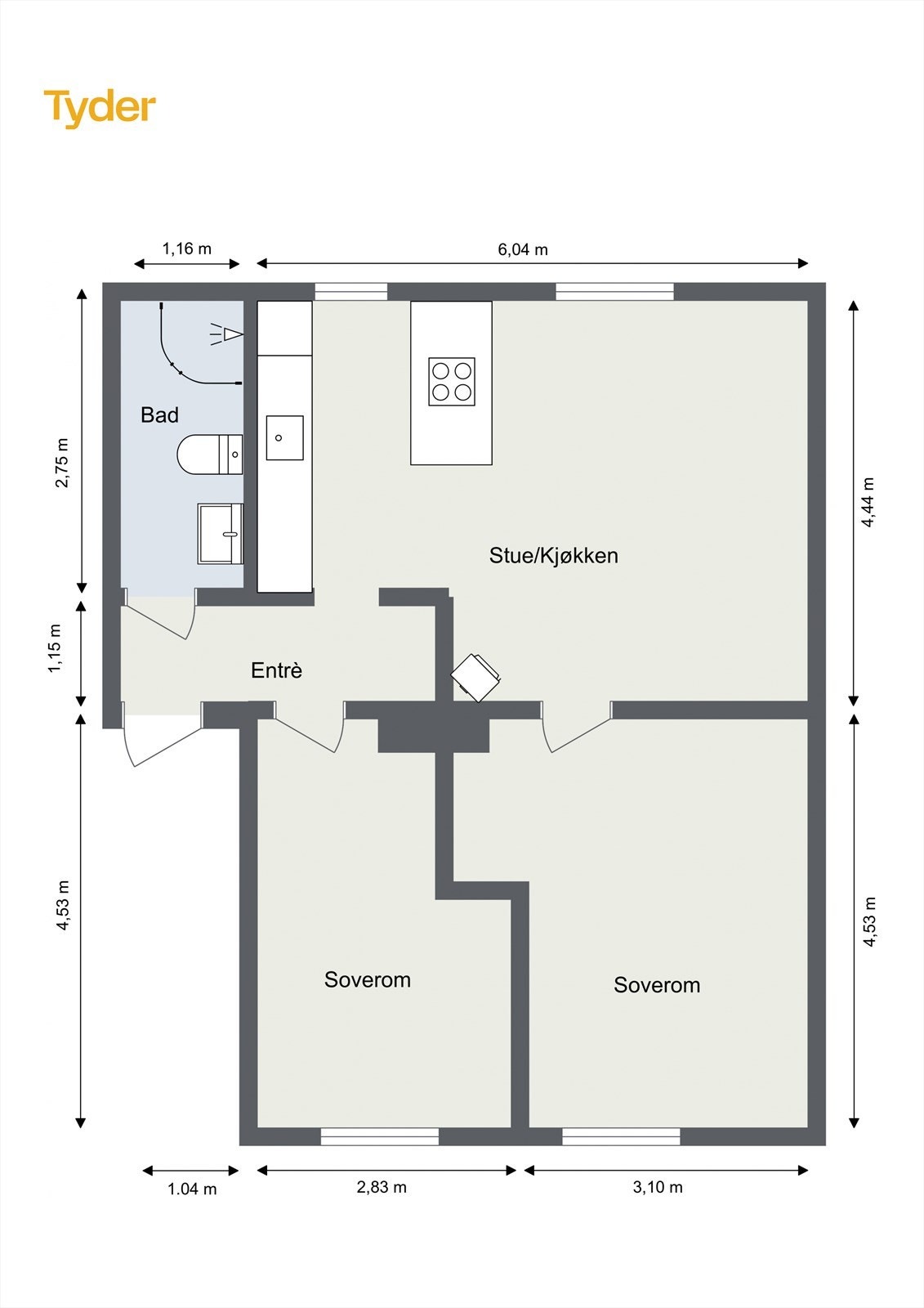 Plantegning. Leiligheten disponerer en bod på loftet på 2 m². Galleribilde