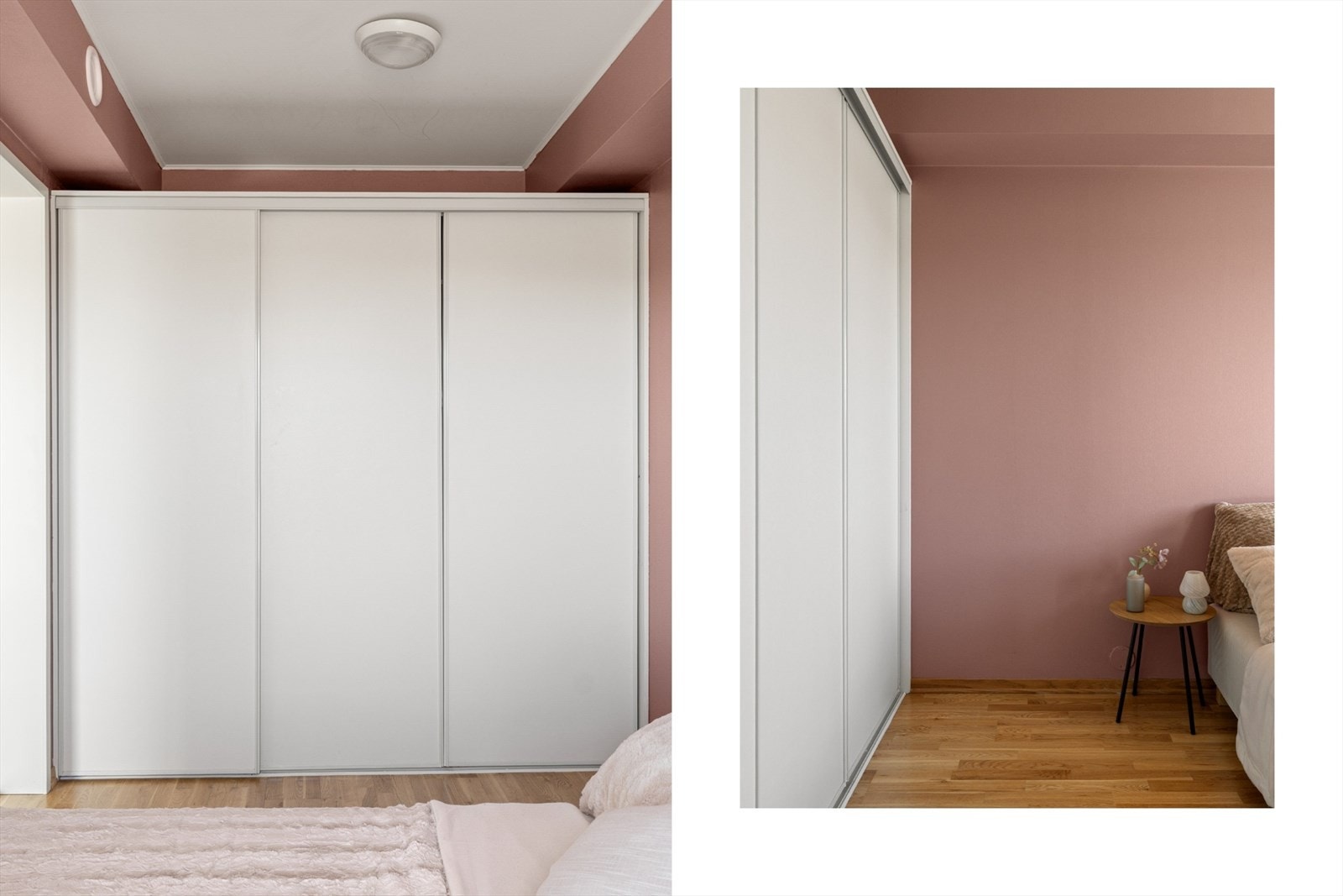 På soverommet er det etablert en romslig skyvedørsgarderobe som går fra vegg til vegg. Galleribilde