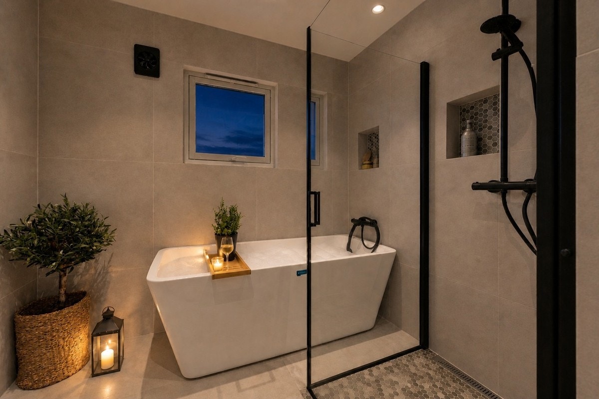 Kveldsstemning på bad, badekar med skumbad. Galleribilde