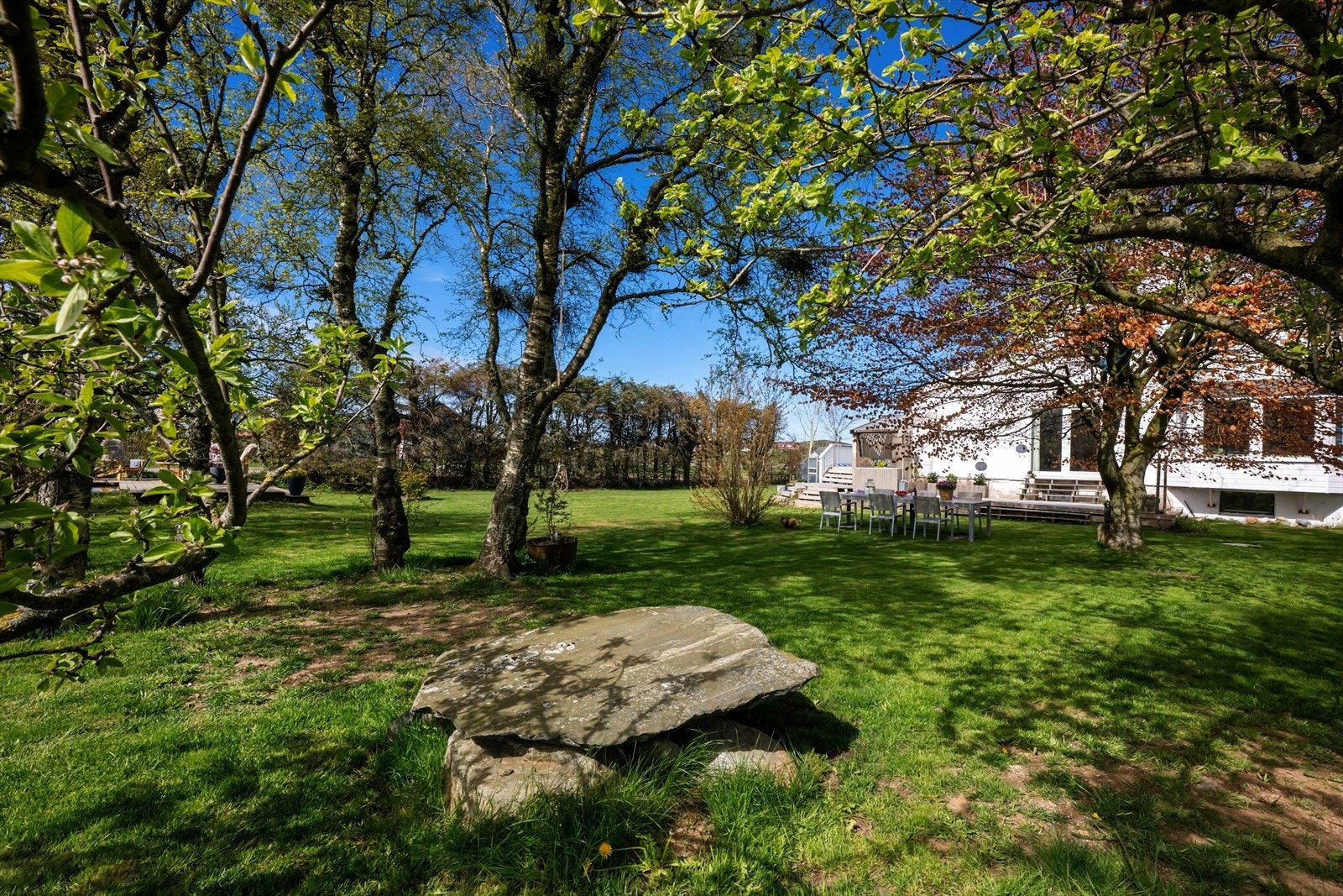 Eiendommen ligger i et relativt flatt terreng, omkranset av etablert beplantning. Galleribilde