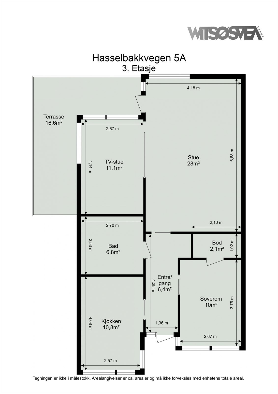 Planløsningen på 78 m² er arealeffektiv med 2 stuer, kjøkken, soverom, bad og en stor terrasse. Galleribilde