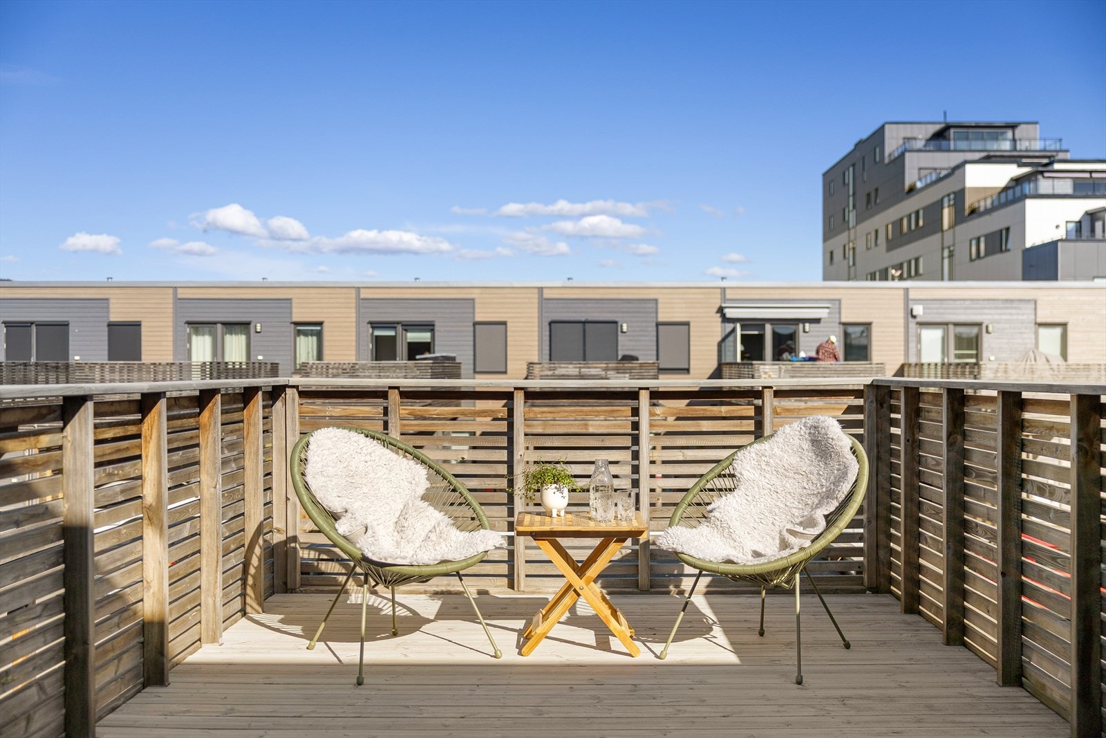Sol morgen og formiddag på takterrassen, og ettermiddag/kveld på terrassen på motsatt side. Galleribilde