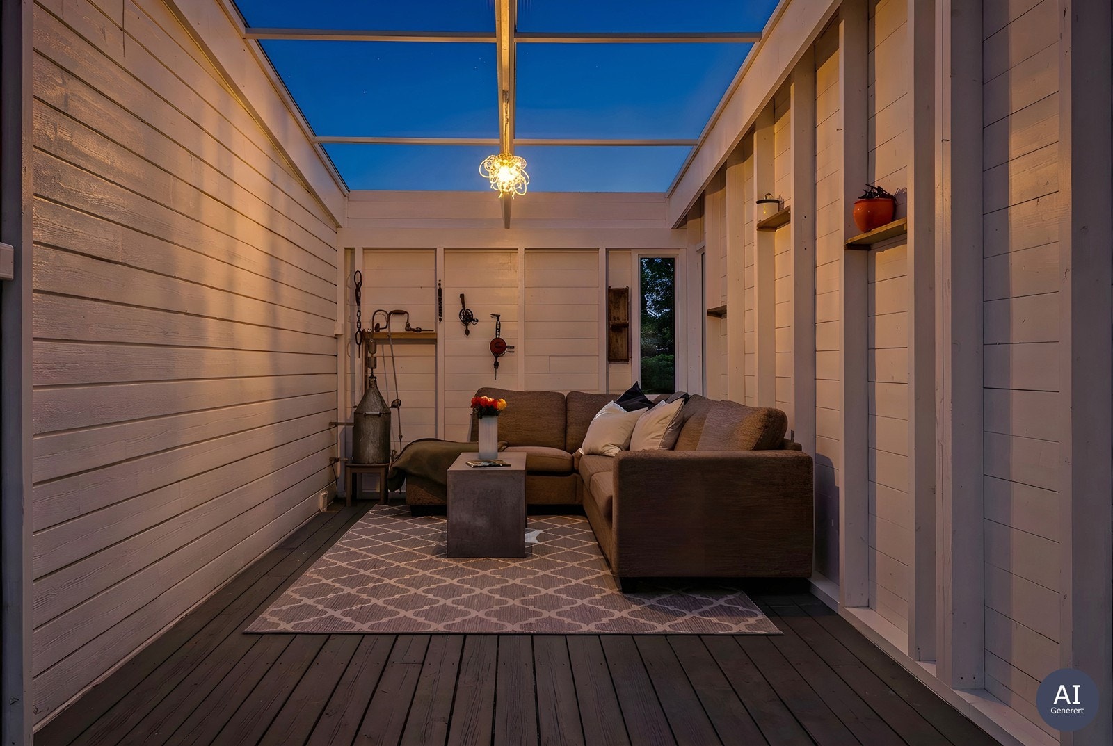 Den innglassede verandaen på 20 m² forlenger sesongen og gir en lun uteplass uansett vær. Galleribilde