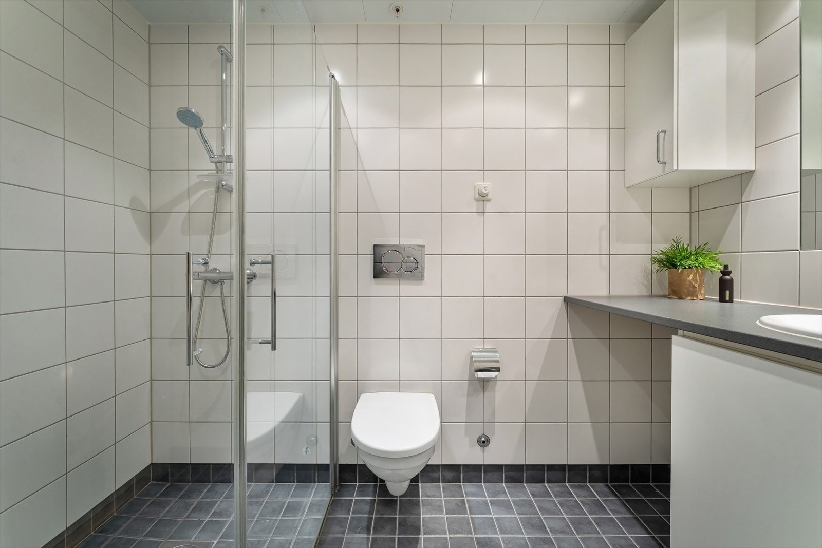 Badet er utstyrt med dusjhjørne med innfellbare glassdører, veggmontert toalett og baderomsmøblement med skuffer, nedfelt servant fra Gustavsberg og ettgrepsarmatur fra Grohe samt innfelt speil. Galleribilde