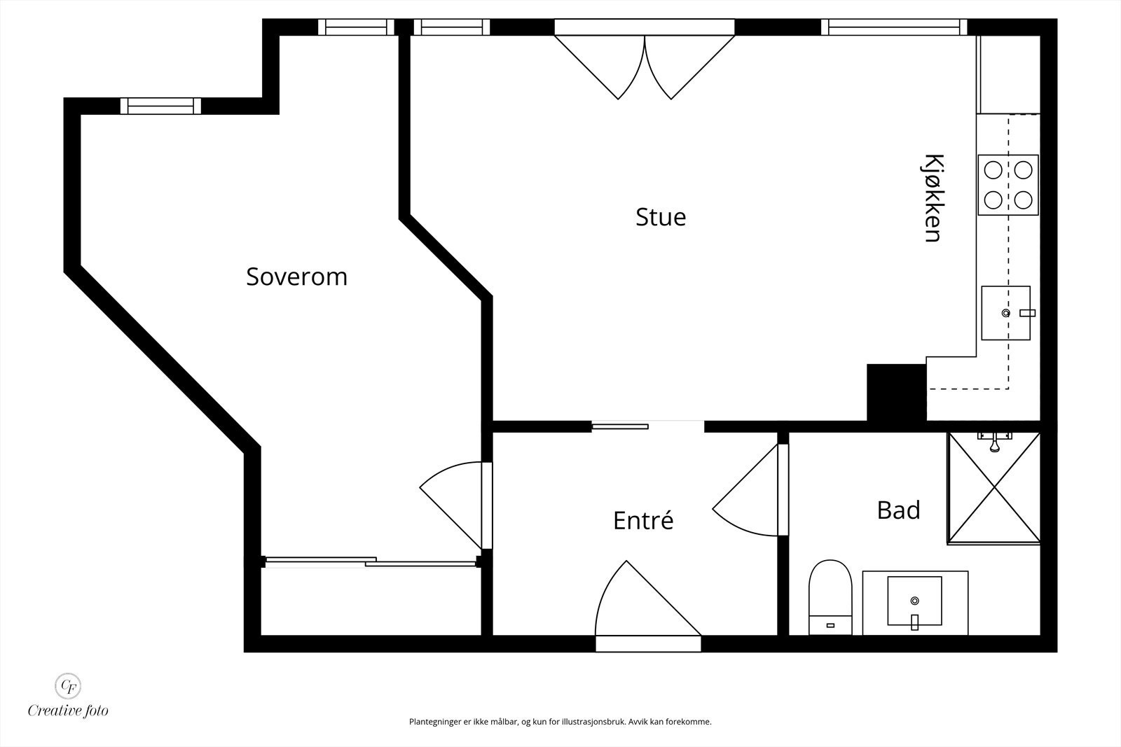Leiligheten består av stue, kjøkken, soverom, bad og entré, som gir en funksjonell planløsning. Galleribilde