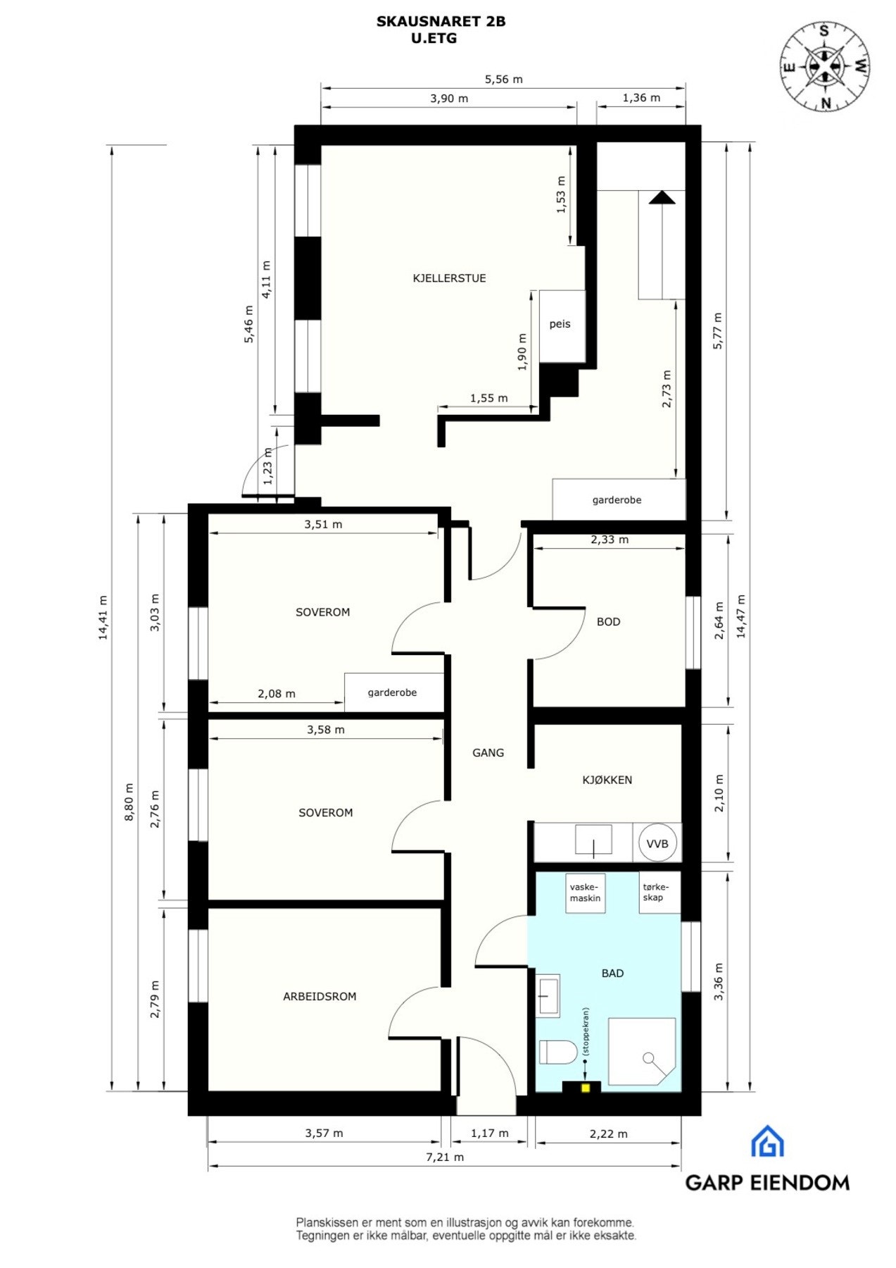 Plantegning med mål underetasje. Galleribilde