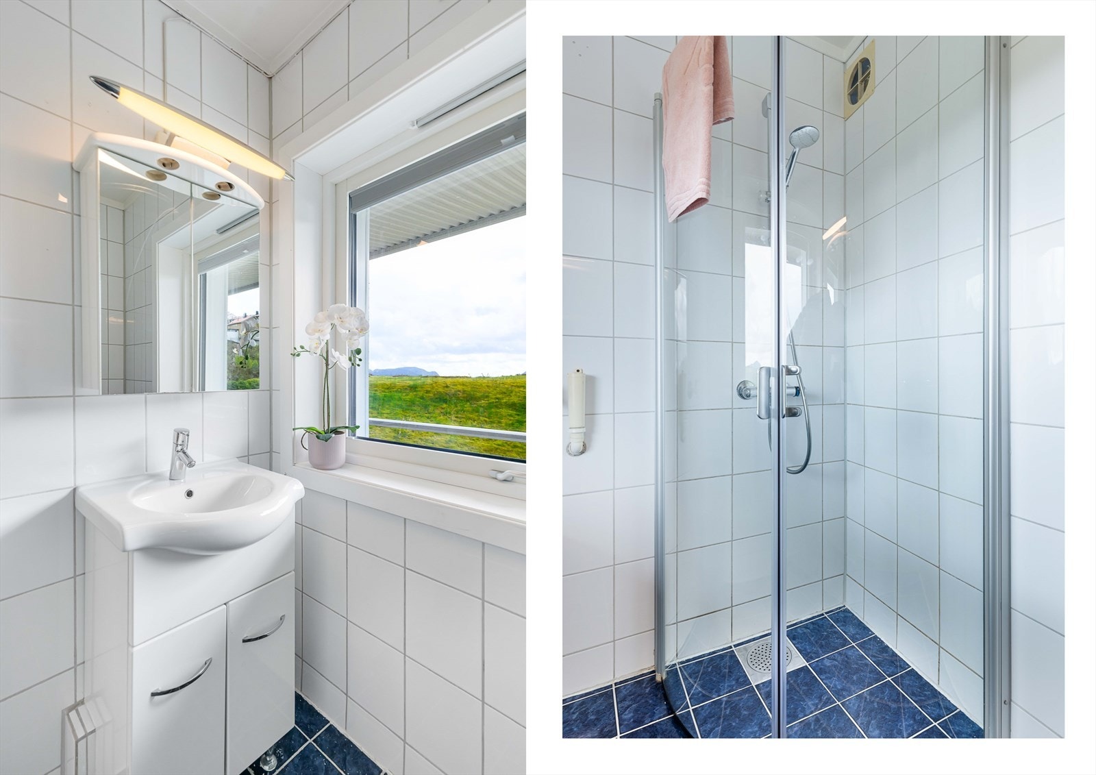 Badet er helfliset med dusjhjørne og servantinnredning. Galleribilde