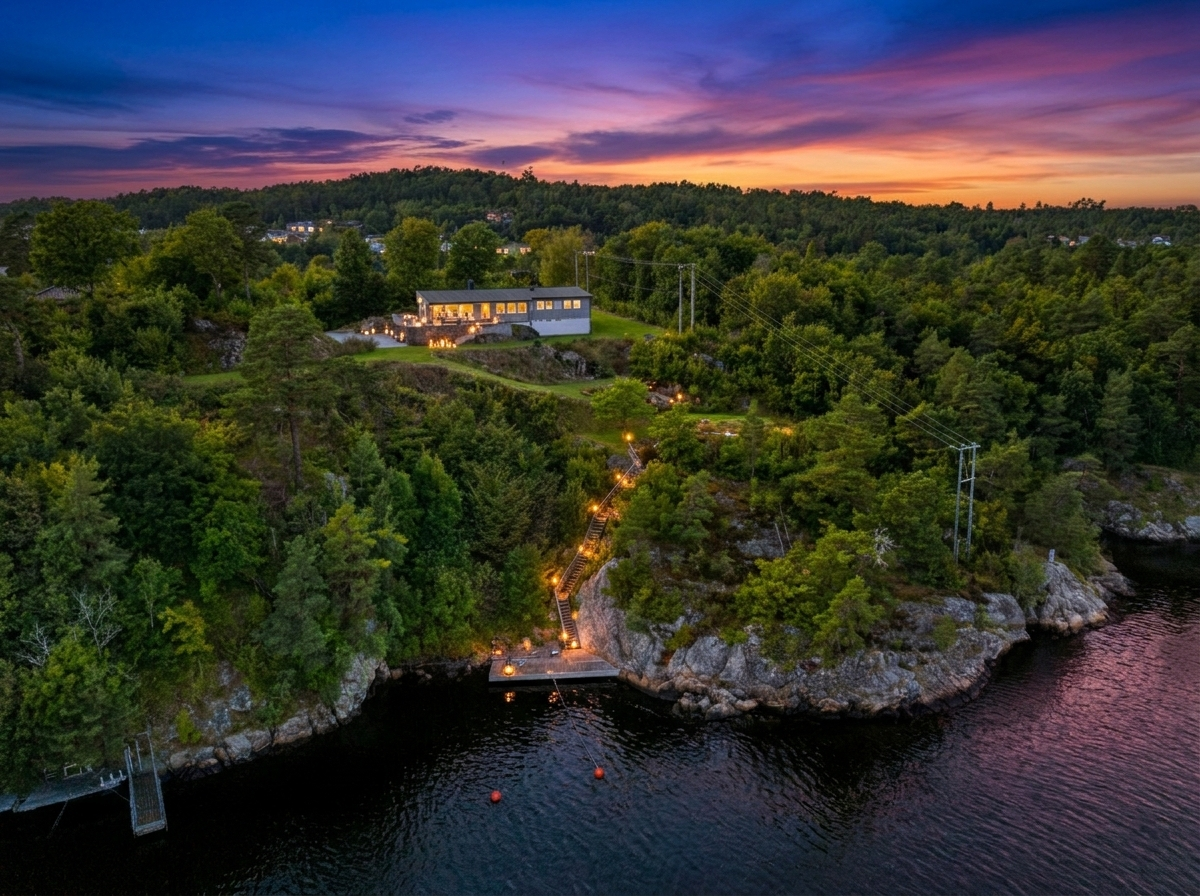 Rundt bebyggelsen er det flott hageanlegg med plen rundt bebyggelsen, gangvei og nivåer, trapp til brygge og terrasse på flere sider. AI generert kveldsillustrasjon. Galleribilde