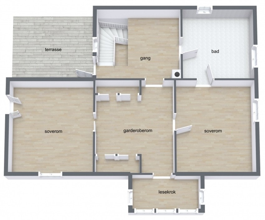 2.etg. byr på gang, toalettrom, bad, garderobe, 2 soverom og kontor. Galleribilde