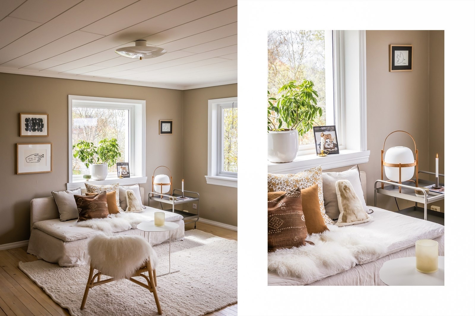 Store vindusflater i stuen slipper inn rikelig med dagslys. Galleribilde