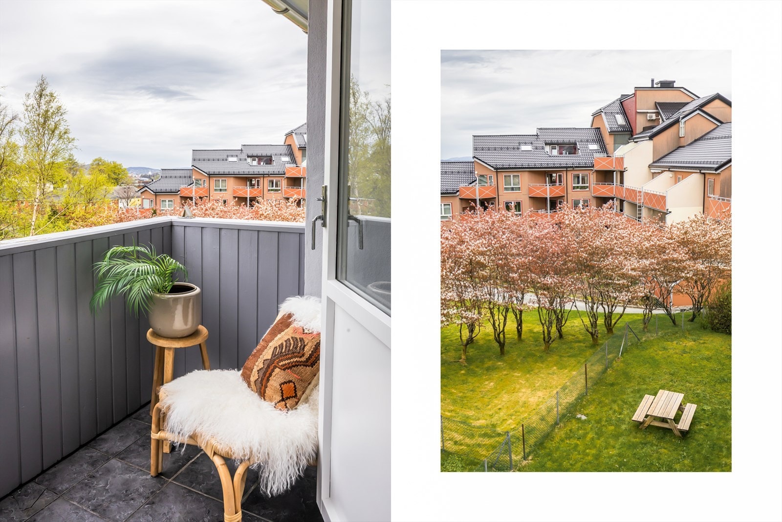 Utsikt fra en av balkongene mot sameiets felles grøntareal. Galleribilde