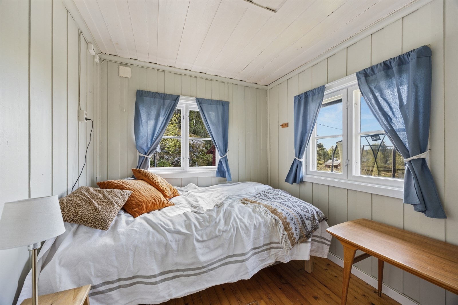 Soverom med plass til dobbeltseng. Rommet har vinduer mot to sider. Galleribilde