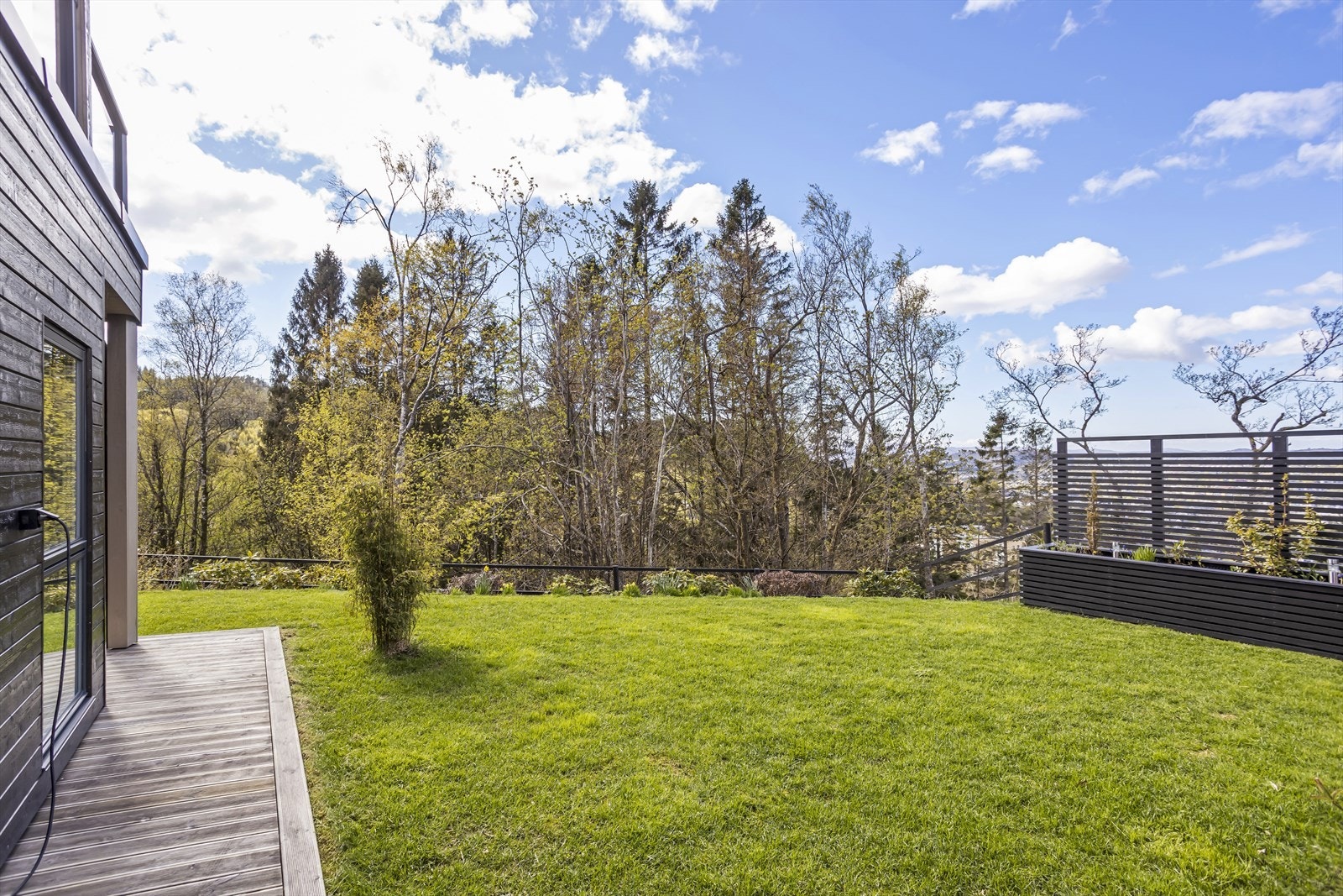 Hagen er pent opparbeidet med plen og beplantning. Galleribilde
