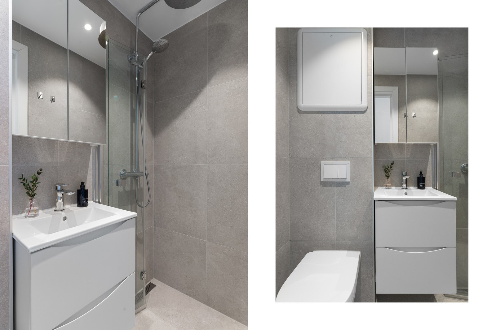 - Badet er svært lekkert og godt utnyttet, med flislagte overflater, vegghengt toalett, dusjløsning med glassdører og moderne innredning - Galleribilde